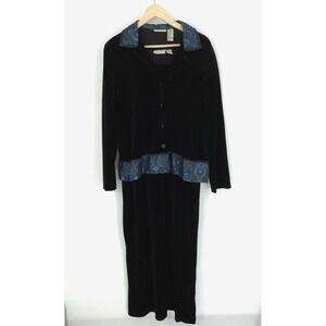 Studio Ease Womens Size 14 Velour Dress Suit Black Blue Trim Stretch Button Up